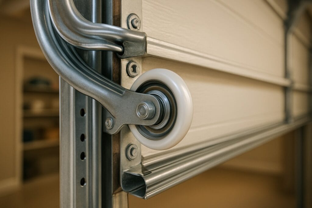 Close-up of garage door roller on track, showing smooth operation after emergency garage door repair.