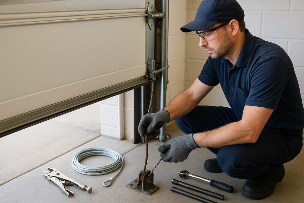 Technician replacing a rusted garage door cable with a new steel cable, surrounded by tools for garage door cable replacement.