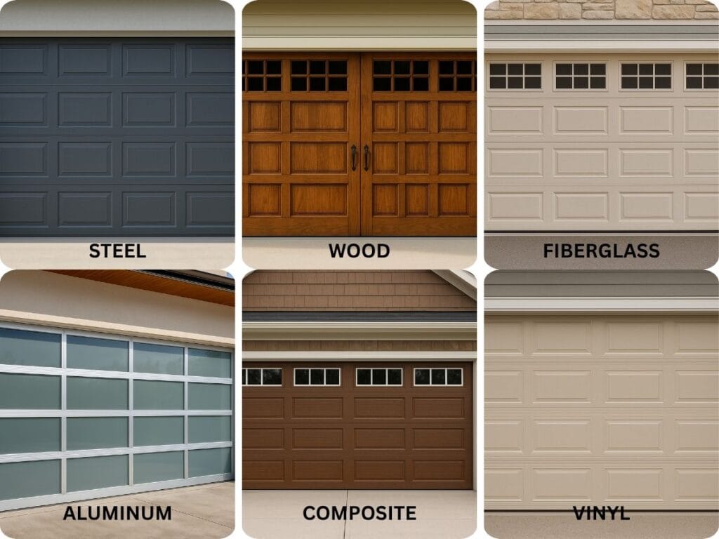Comparison of six new garage door types: steel, wood, fiberglass, aluminum, composite, and vinyl, each shown with distinct materials and finishes.