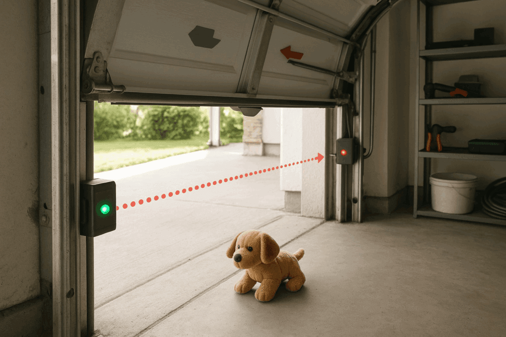Garage door safety sensors detecting an object to prevent accidents during garage door repairs.