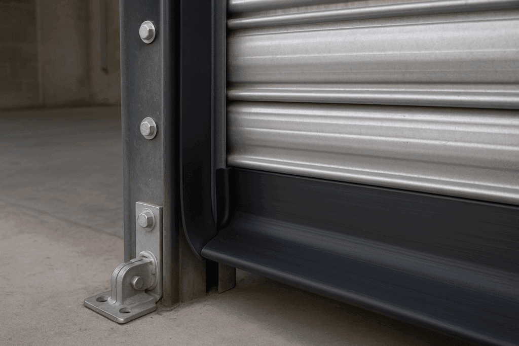 Close-up of new garage door weather stripping installed on a metal roll-up door for a tight seal