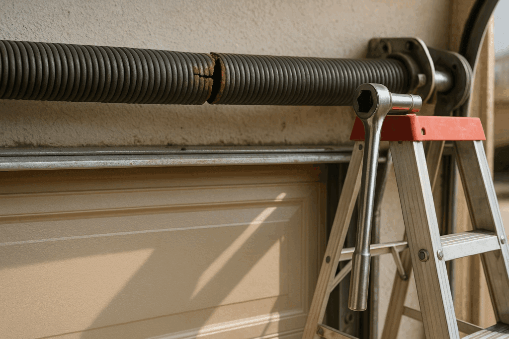 Close-up of a broken torsion spring above a garage door, showing urgent need to repair garage door.