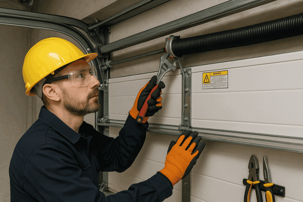 Professional technician adjusting torsion spring with tools and safety gear to repair garage door mechanism.