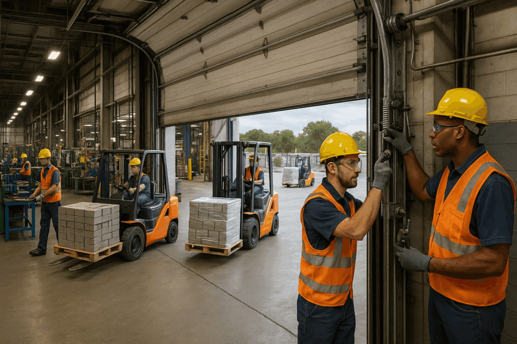 Industrial warehouse workers repairing garage door tracks while forklifts transport heavy pallets for efficient workflow.