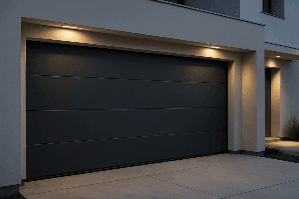 Black modern garage doors on contemporary home with exterior lighting.