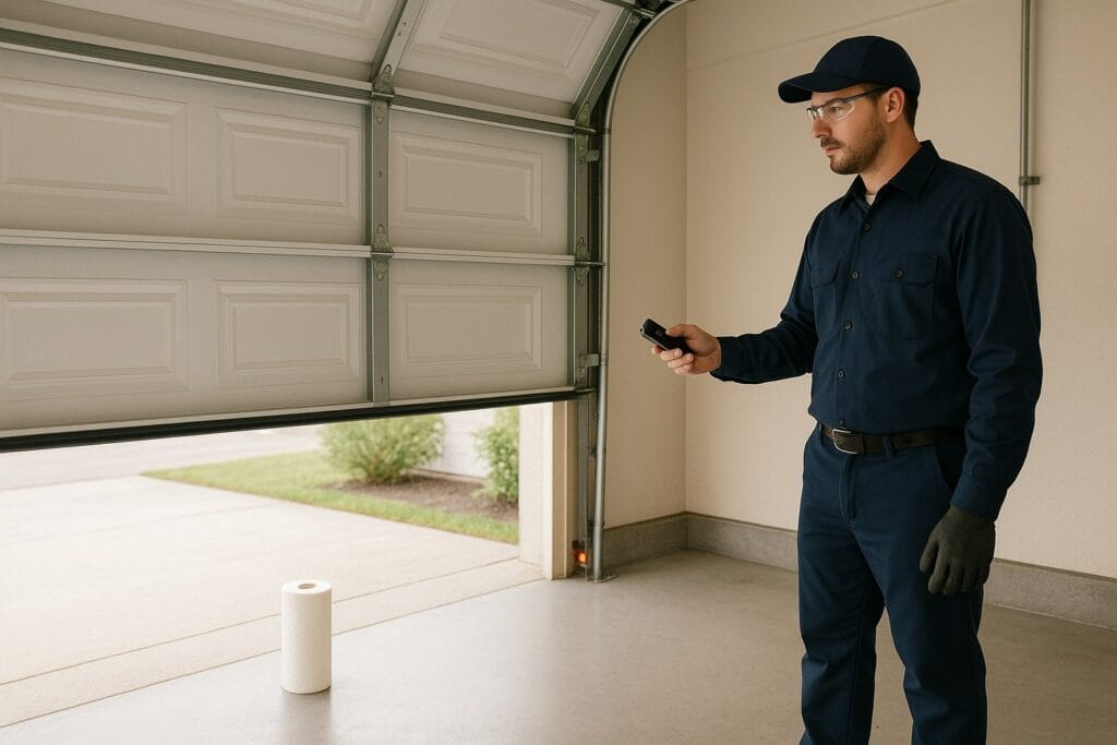 Garage Door Maintenance technician testing the safety sensor alignment using a remote control to ensure proper door operation.