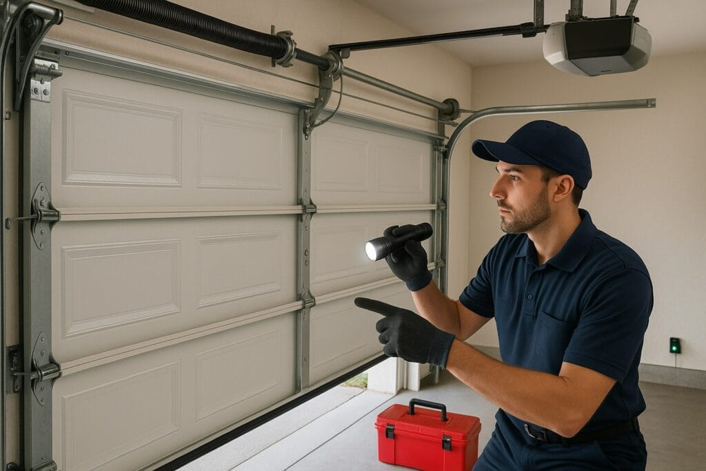 Technician performing garage door maintenance by inspecting torsion springs and mechanical parts for safe operation.