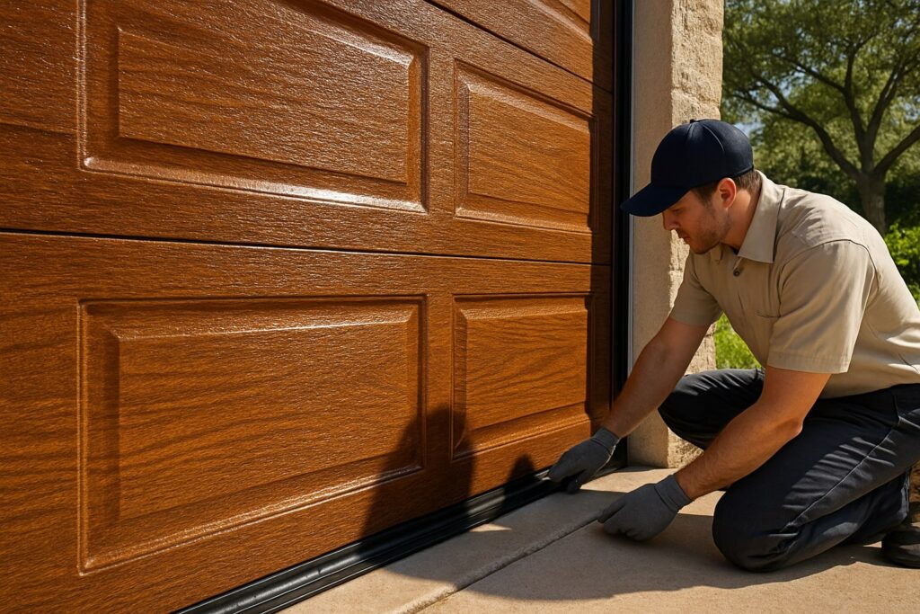 A technician inspects the bottom seal of automatic garage doors on a home with a wood-grain finish.