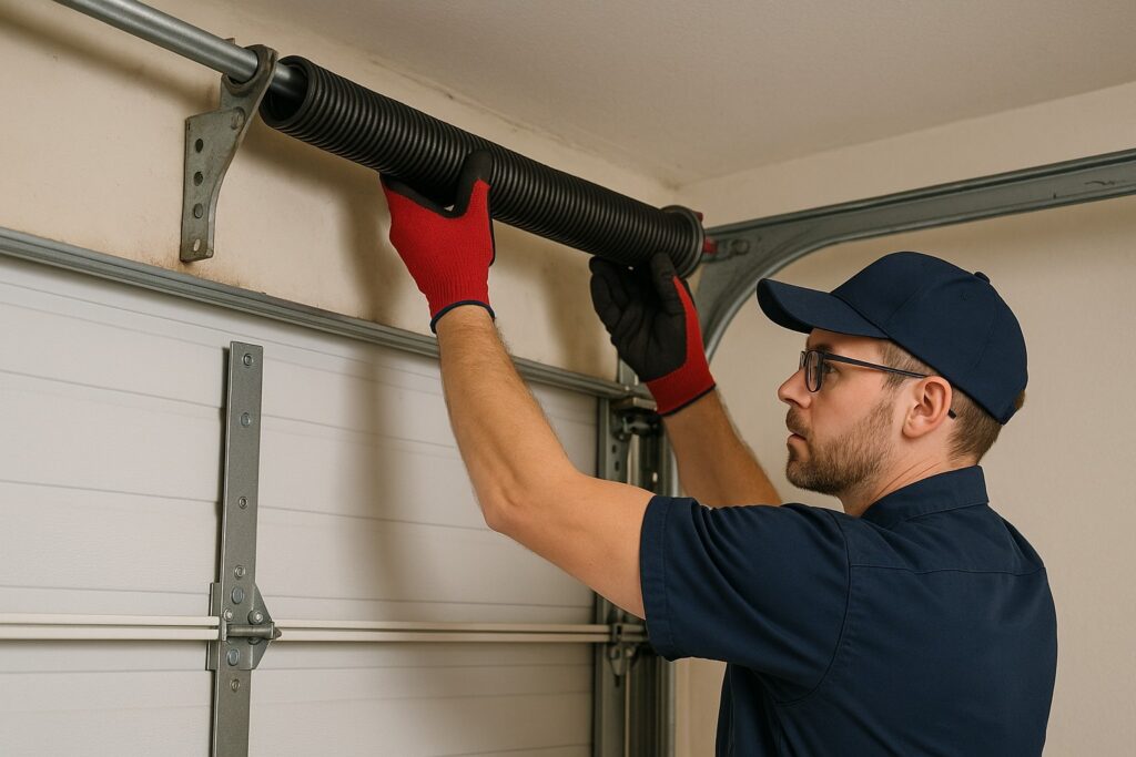 Garage door repair technician adjusting a torsion spring on a residential garage door for safe, smooth operation.